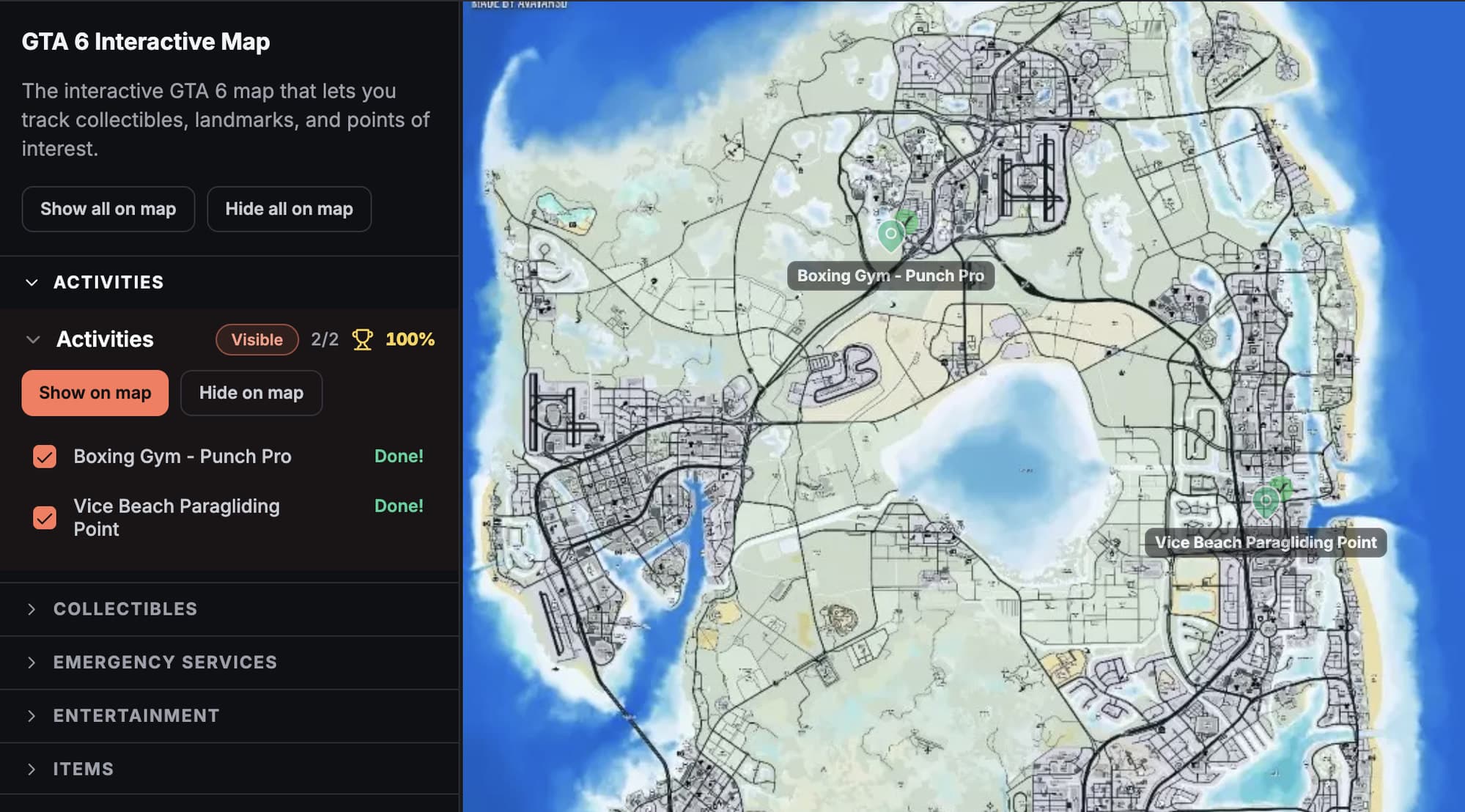 The sidebar collectible tracker showing a category at 100% complete with each location marked done