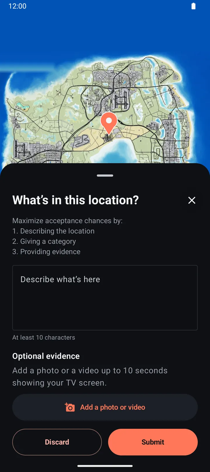 The suggestion form in the Android app, with the dropped pin visible on the map above it