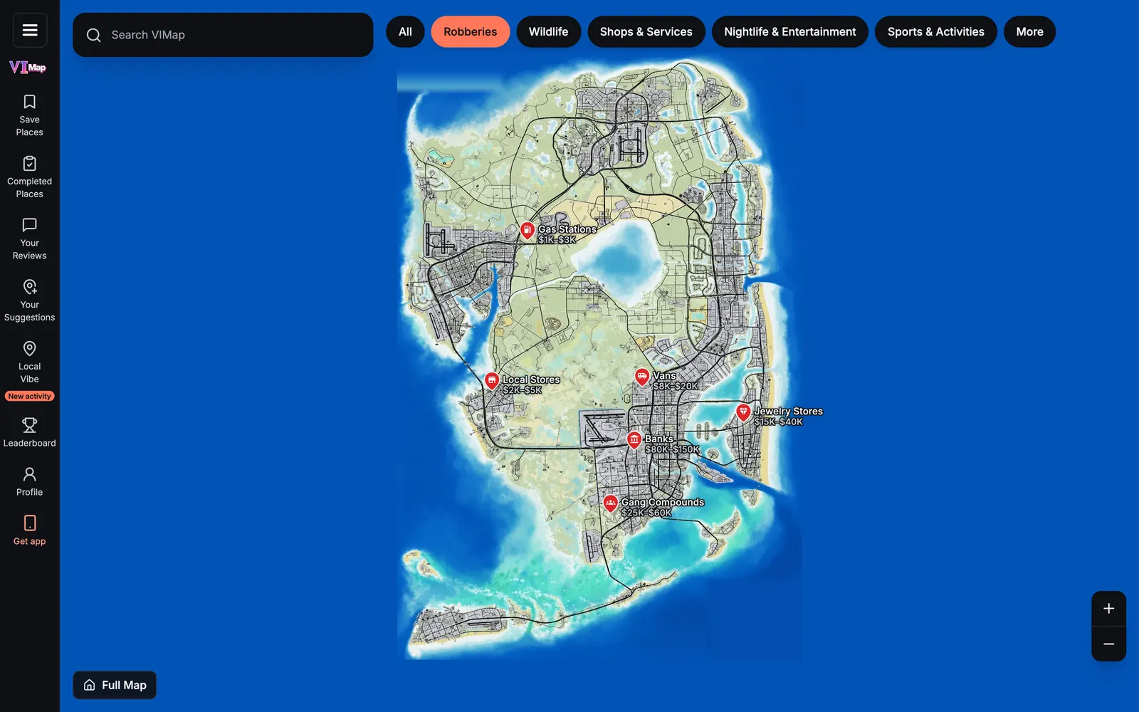 The VIMap website with the Robberies filter on, showing loot values and ratings on each pin