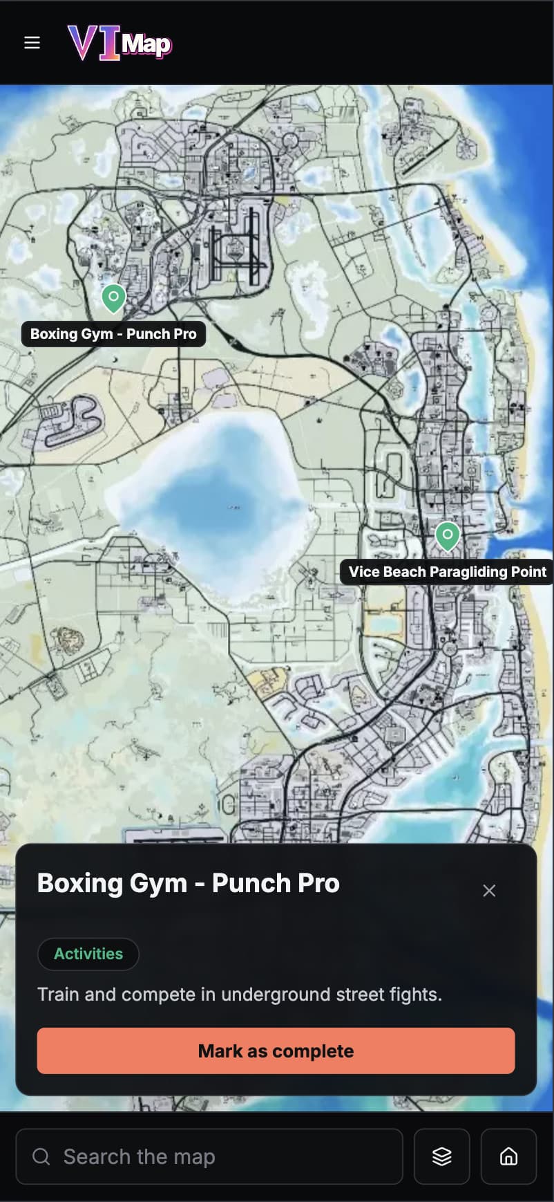 The VIMap mobile view with a point of interest card open over the map
