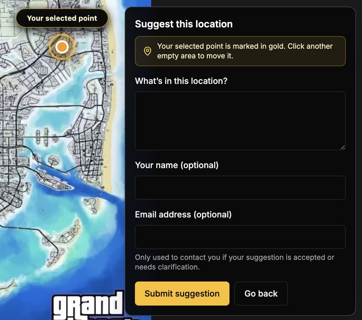 The suggestion panel open over the map, with a gold pin marking the selected point and fields to describe what's there